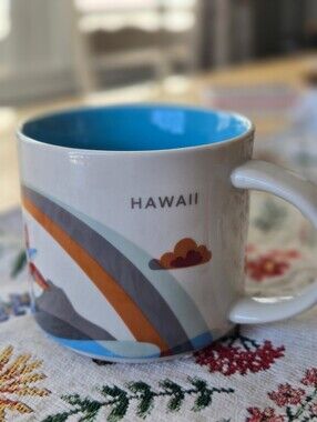 Starbucks Hawaii Ceramic Mug with Blue Interior and Orange Accents